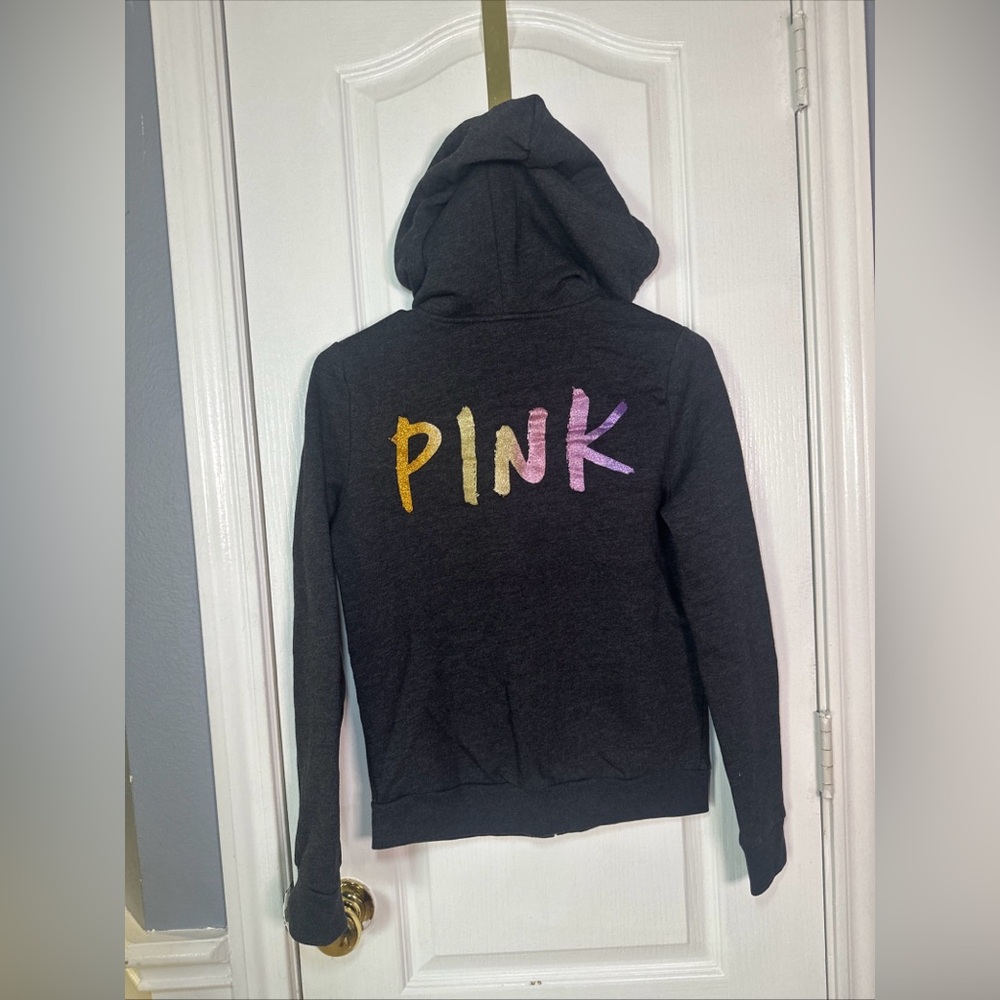 Victoria's Secret PINK Hoodie Jacket Hooded Full Zip. Dark Gray‎ Glitter Text S
